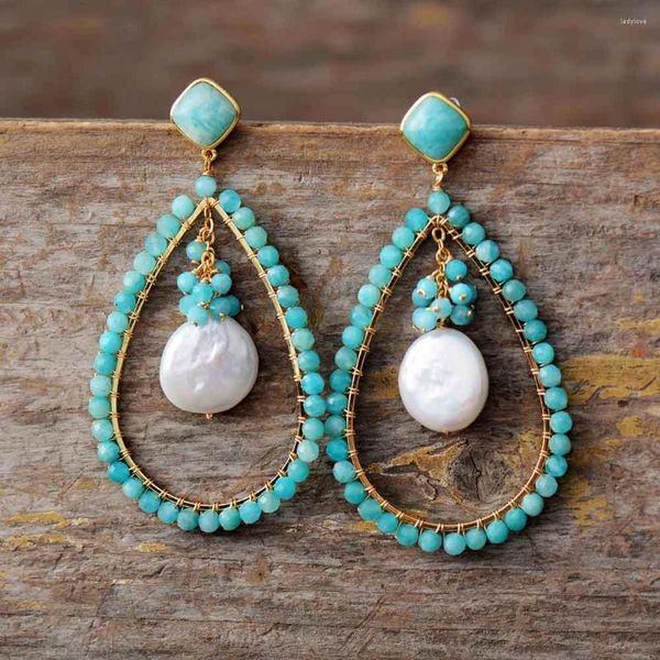 Pendientes de tuerca hipérbole lágrima moda atrevida piedras de amazonita pendiente de perlas Teengirls joyería superior Bijoux al por mayor