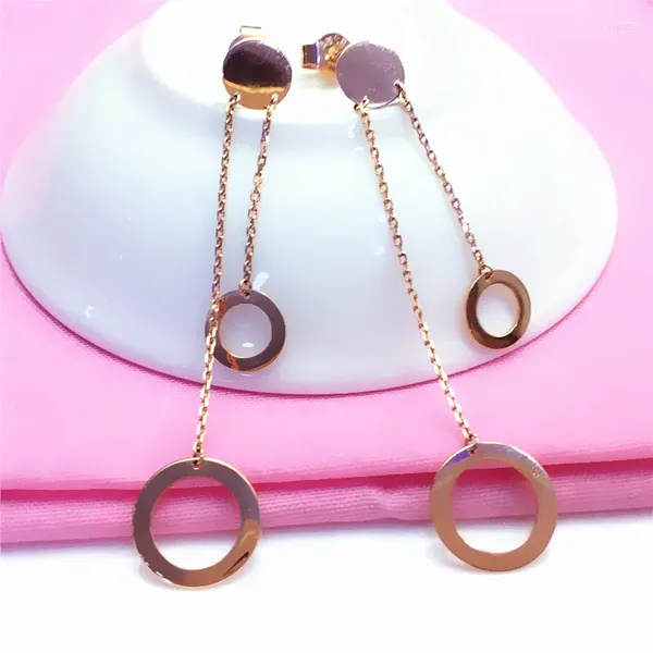 Pendientes de botón para mujer 585 chapado en oro púrpura 14K rosa doble círculo Vintage moda borlas pendientes joyería de fiesta