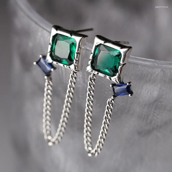 Industria de pendientes de semental 925 Silver Sterling Square Green Zircon for Women Earring Jewelry Enllejados con cadena
