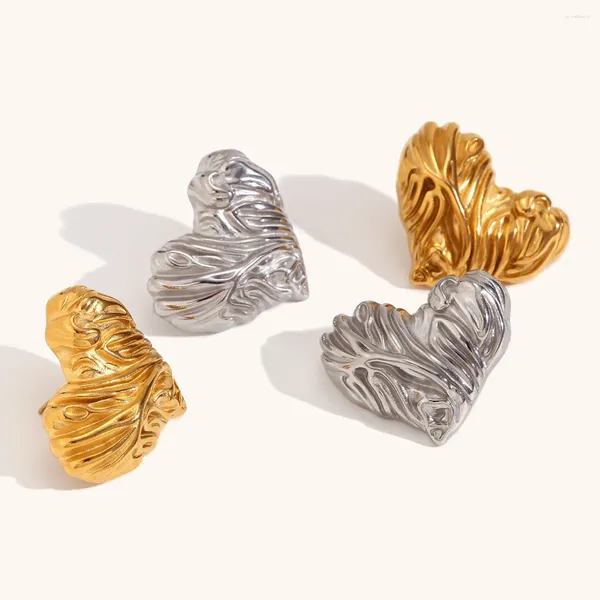 Boucles d'oreilles étalon INS 18K Gold Silver PVD Platé en acier inoxydable Filigrane Texture martelée Cœur Earge pour les femmes imperméables