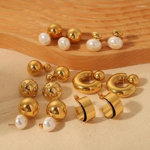 Boucles d'oreilles INS à la mode en acier inoxydable en plastique perle ronde perle boucle d'oreille avant arrière forme C de femmes Texture cerceaux bijoux