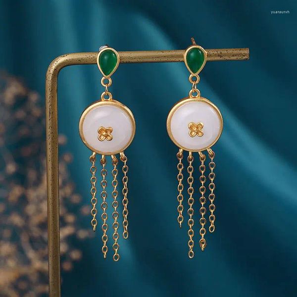 Boucles d'oreilles rondes inspirées d'un Jade blanc naturel pour femmes, Style Court, longs glands, accessoires bijoux