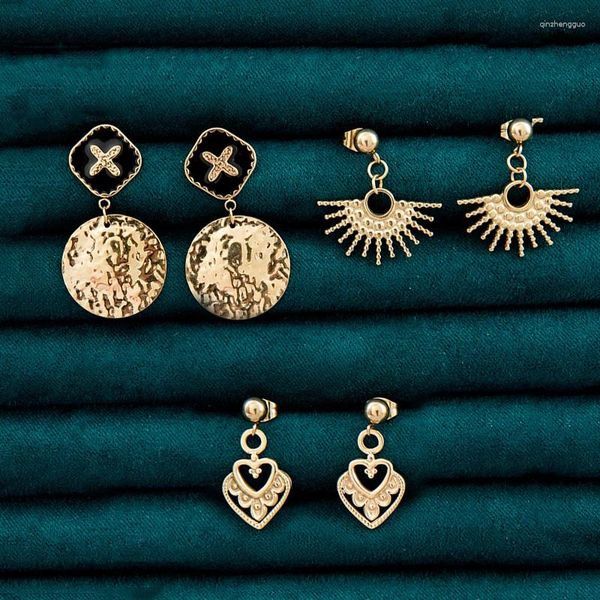 Pendientes de tuerca de acero inoxidable para mujer, aretes irregulares con goteo de aceite, colgante redondo en forma de abanico con forma de corazón de melocotón, calado Vintage