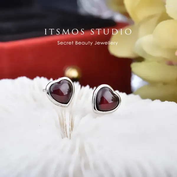 Pendientes de tuerca ITSMOS, pendientes de granate Natural, piedras preciosas de corazón rojo, poste de plata encantador para mujer, regalo de Navidad, joyería elegante