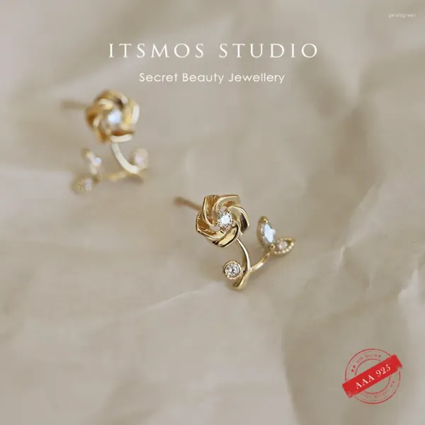 Pendientes de tachuelas ItsMos Vintage Rose Flower Romantic Diamond 925 STERLING Silver 14K Gold Mini Percing Femenina