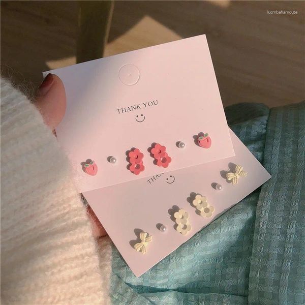 Aretes Japón Y Corea Conjunto De Seis Piezas Rosa Blanco De Flores Dulces Perla De Lazo De Melocotón