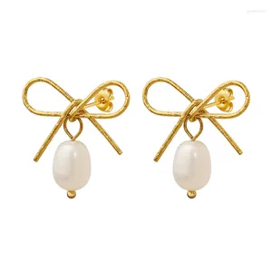 Boucles d'oreilles japonaises et coréennes avec nœud en perles d'eau douce, en titane et en acier, pour filles, à la mode, étanche, goutte d'eau, bijoux cadeau