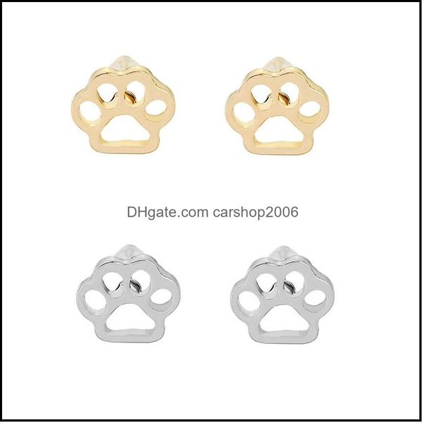 Stud Pendientes Joyas Hollow Pet Cat Dog Lover Paw Puppy Animal lindo Huella Chapado en oro Mujer Chica Drop Deliv Dhilb