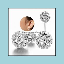 Stud Earrings sieraden Nieuwe vrouwen meisjes 925 Sterling Serling Slier Geplaatste dubbele kristallen bol Ear Rhinestone Shambhala Side Earring Drop levering 2021