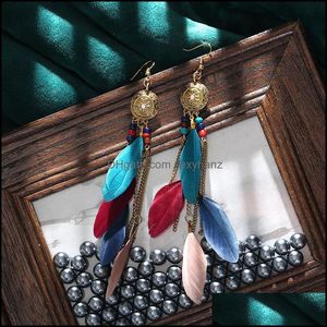 Stud Earrings sieraden S1473 Boheemse mode Vintage Feather Long Tassels Dange Drop Delivery 2021 M8KK7