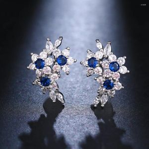 Stud Oorbellen JMK Mode Kleine Bloem Blauwe Steen Vrouwen Kubieke Zirkoon Verzilverd Birdal Bruiloft Sieraden Cadeau