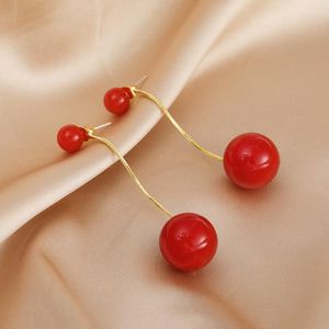 Boucles d'oreilles JNP41 S925, aiguille en argent coréen, perle rouge, Long pendentif, Simple et polyvalent, tempérament Net pour femmes