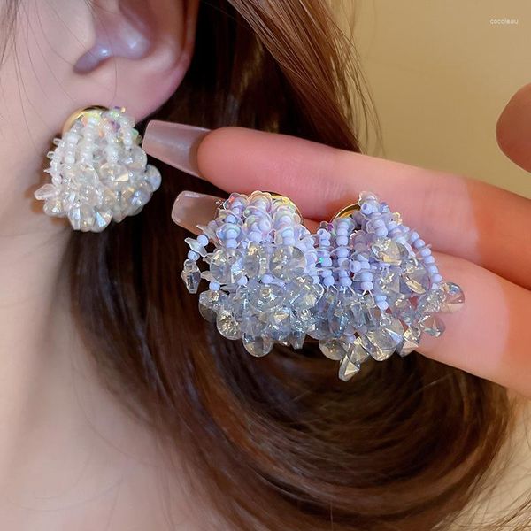 Pendientes de tuerca KAITIN, lentejuelas redondas de cristal para mujer, cuentas de arroz tejidas, pendiente de aguja de plata dulce, joyería de moda para fiesta