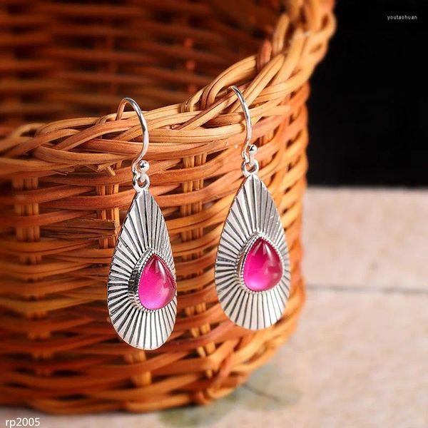 Boucles d'oreilles KJJEAXCMY Boutique bijoux S925 argent Sterling fait à la main femmes goutte d'eau corindon rouge calcédoine verte