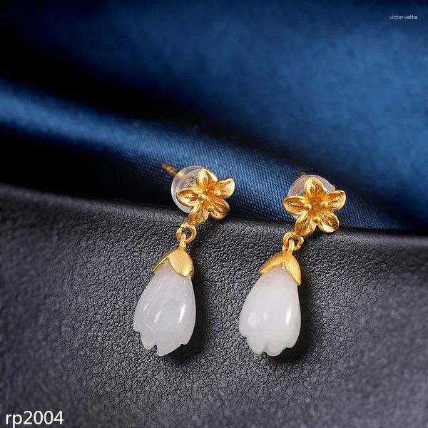 Boucles d'oreilles KJJEAXCMY Boutique bijoux S925 argent Sterling plaqué or femmes Magnolia Hetian Jade