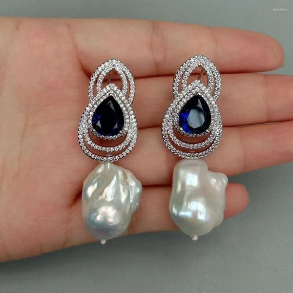 Boucles d'oreilles KKGEM 16x21mm, perle Keshi blanche de culture bleue, pavé de Cz, couleur argent plaqué or, goutte, bijoux pour femmes