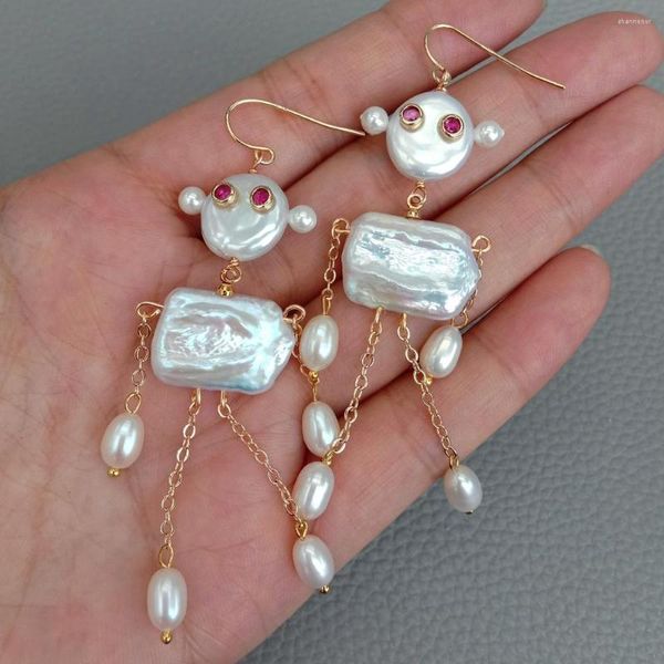 Boucles d'oreilles KKGEM en forme de Robot, perle blanche de culture d'eau douce naturelle, bijoux fantaisie