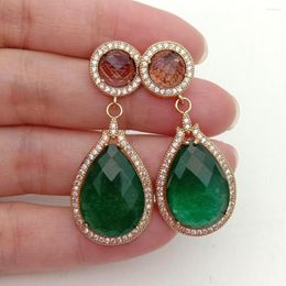 Stud -oorbellen Kkgem Valentijnsdag Gift 18x29mm Green Jade Traan Crystal CZ Pave Ethnic Style for Women