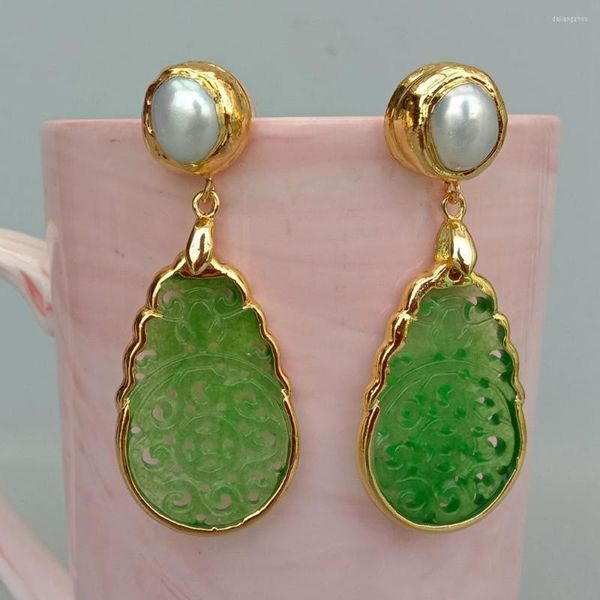 Boucles d'oreilles KKGEM Vintage Style vert Jade sculpté poire forme culture blanc perle d'eau douce fête bijoux pour femmes