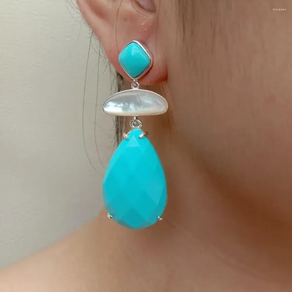 Boucles d'oreilles KKGEM nacre blanche 20x30mm, facettes Turquoise larme longue goutte plaqué or bijoux pour femmes