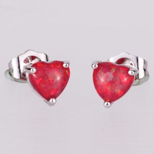 Boucles d'Oreilles KONGMOON 5.5 Coeur Rouge Opale de Feu Cabochon Argent Plaqué Bijoux Pour Femmes Simple Piercing