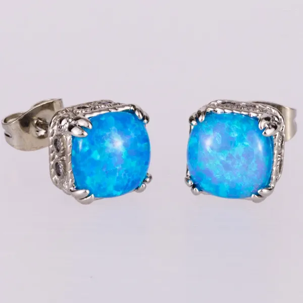 Boucles d'oreilles KONGMOON 8x8 coussin océan bleu opale de feu Cabochon argent plaqué bijoux pour femmes Simple Piercing