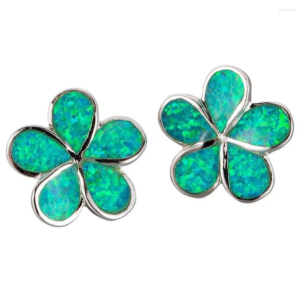 Pendientes de tuerca KONGMOON Plumeria Kiwi verde ópalo de fuego joyería chapada en plata para mujer Piercing