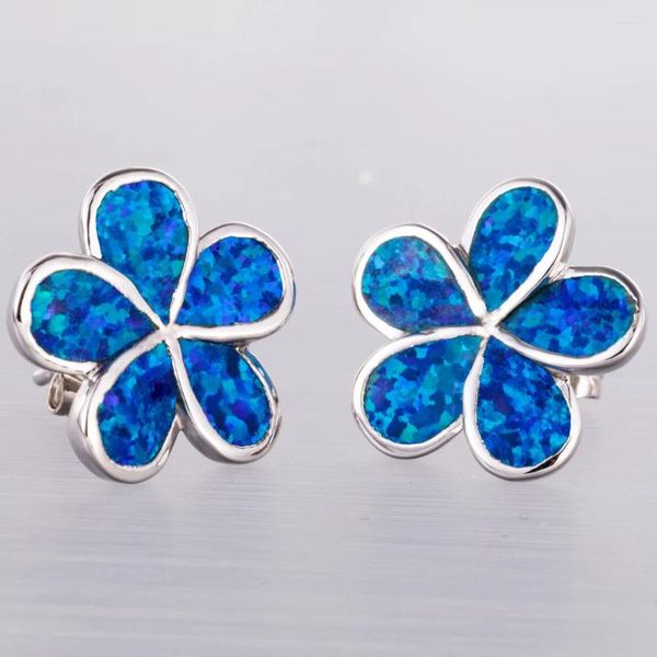 Boucles d'oreilles Stud Kongmoon Plumeria Navy Blue Fire Bleu Opale Bijoux plaqué en argent pour femmes Piercing