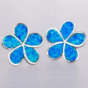 Boucles d'oreilles KONGMOON Plumeria océan bleu opale de feu plaqué argent bijoux pour femmes Piercing