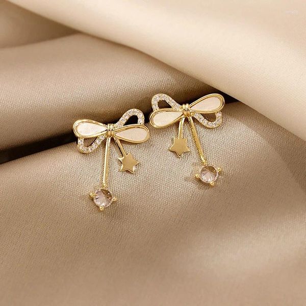 Boucles d'oreilles coréennes, bijoux à la mode, plaqué or véritable 14K, doux petit nœud, coquille, étoiles exquises, cadeau pour fille et femme