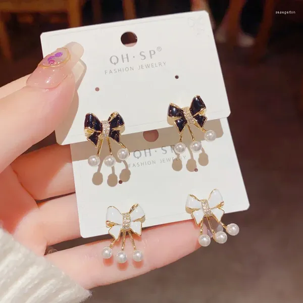 Boucles d'oreilles Style coréen et japonais, bijoux avec nœud papillon mignon pour femmes, accessoires de mode, perle de fleur délicate