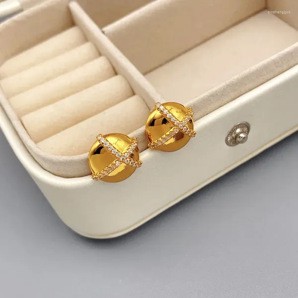 Boucles d'oreilles coréennes pour femmes, mode rétro simple, hémisphères incrustés de Zircon, petit placage, bijoux en or 18 carats, 2023