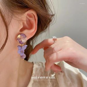 Boucles d'oreilles Stud Korean Acrylique Purple Flower Dang Dang pour femmes mignonnes Round Round Enmel Pendant Girl Bijoux de mode