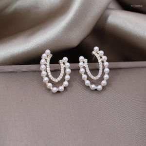 Boucles d'oreilles Stud Korean Design Bijoux de mode 14k Lettre de placage d'or U Zircon Pearl ACCESSOIRES DE TRAVAIL DOUTES FEMMES SIMPLIQUES