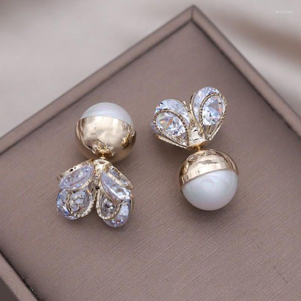 Boucles d'oreilles à tige design coréen bijoux de mode 14K plaqué or luxe Zircon perle avant arrière boucle d'oreille élégant travail quotidien des femmes