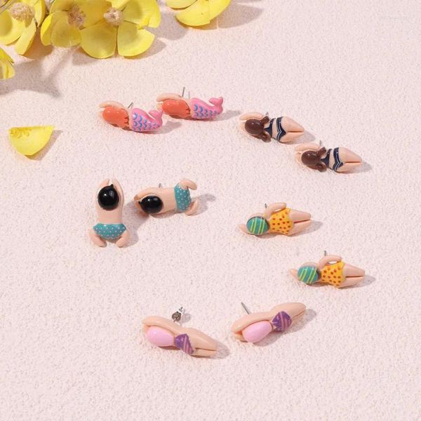 Boucles d'oreilles à tige en forme de sirène, dessin animé coréen exagéré, figurine de natation colorée, créative personnalisée, résine faite à la main, cadeaux pour femmes