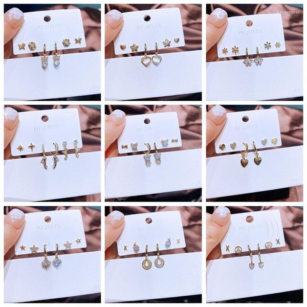 Pendientes de botón Moda coreana 3 pares Paquete pequeño Chapado en oro Cubic Zircon Crystal Joyas para mujeres
