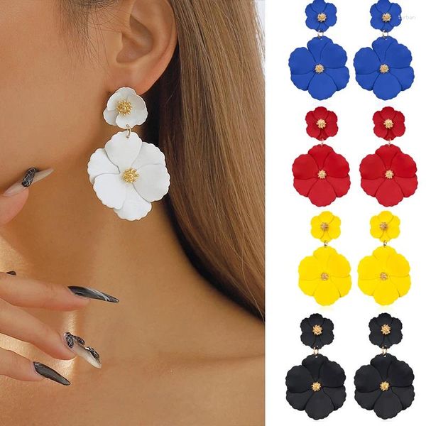 Boucles d'oreilles mode coréenne grande fleur goutte pour femmes mariage Vintage longue colorée Double couche émail Floral Post boucle d'oreille