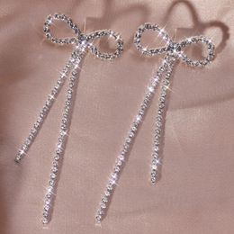 Boucles d'oreilles mode coréenne Bowknot strass long gland pour femmes argent plaqué oreille fête de mariage anniversaire cadeau bijoux Mujer