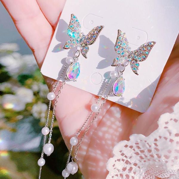 Boucles d'oreilles à tige mode coréenne cristal coloré papillon femmes fête longue chaîne gland romantique larme goutte datant mariage