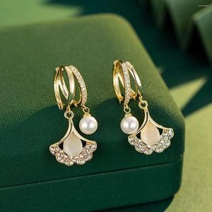 Boucles d'oreilles mode coréenne cristal feuille de Ginkgo pour femmes, bijoux tendance de luxe, perle opale, goutte de mariage