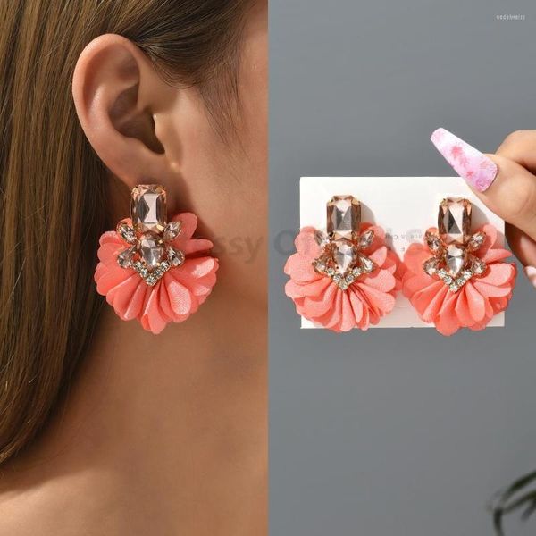 Pendientes de tuerca a la moda coreana, bonita flor dulce de cristal para mujer, 2023, pétalos de hilo de algodón de lujo, accesorios de joyería para fiesta de hadas