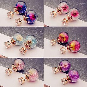 Pendientes de tuerca de moda coreana para mujer, doble bola de cristal, amuleto floral seco Natural, adornos esféricos, regalo de fiesta, joyería