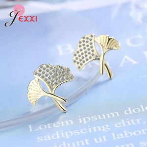 Pendientes de tuerca moda coreana hoja de Ginkgo para mujer Plata de Ley 925 Zirconia cúbica delicado de moda regalo de fiesta, joyería Brincos