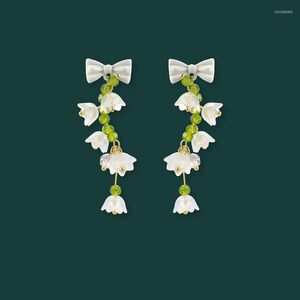 Stud -oorbellen Koreaanse mode Green Lily of the Valley Flower Tassel Gentle Bow Sweet Small Fresh Design