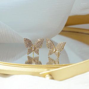 Boucles d'oreilles à clous en Zircon plaqué or 14 carats, bijoux de mode coréenne, papillon brillant de luxe, accessoires élégants pour bal de mariage et mariage pour femmes