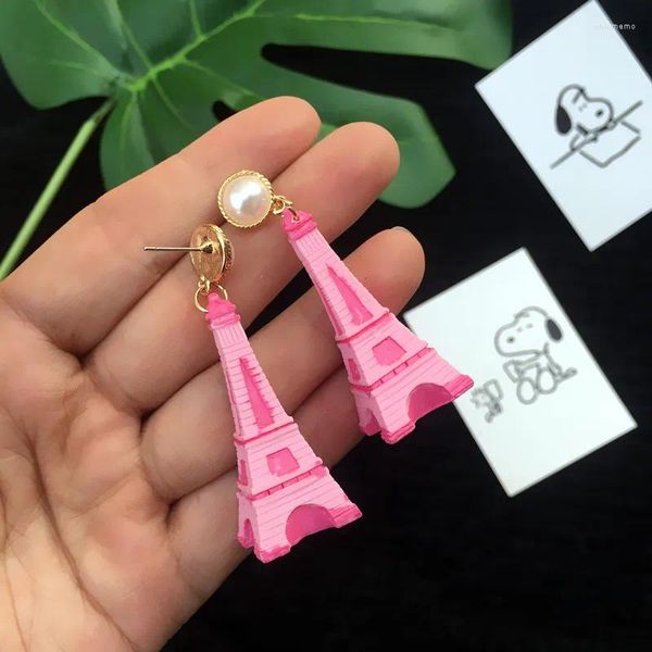 Pendientes de tuerca moda coreana rosa bonita Torre Eiffel para mujer 2023 pendientes de perlas tachuelas niñas dulce regalo de amor fabricación de joyería fina