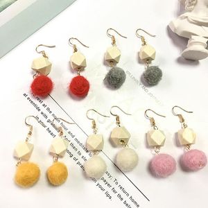 Boucles d'oreilles mode coréenne boule en peluche longue pour les femmes géométrique carré bois couture multicolore cheveux cadeau bijoux