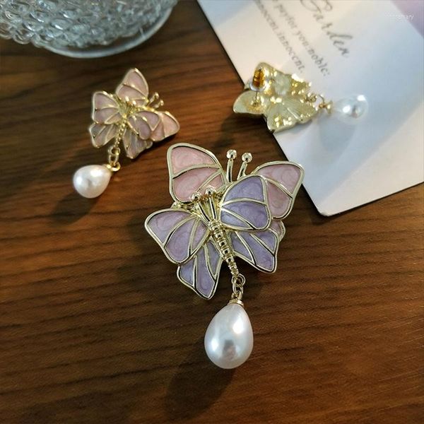 Boucles d'oreilles mode coréenne perle papillon douce pour les femmes cent conception rose violet bijoux femme amant cadeau