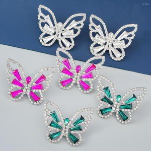 Pendientes de tuerca coreanos fucsia cristal mariposa oreja mujer sueño de moda elegante declaración joyería pendientes
